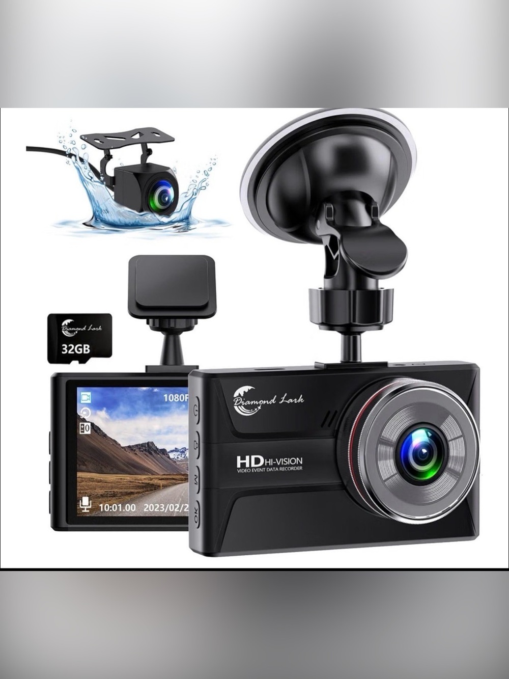 1080P Dash Cam Front and Rear with 32GB SD Card, Diamond Lark Dual Dash Camera f